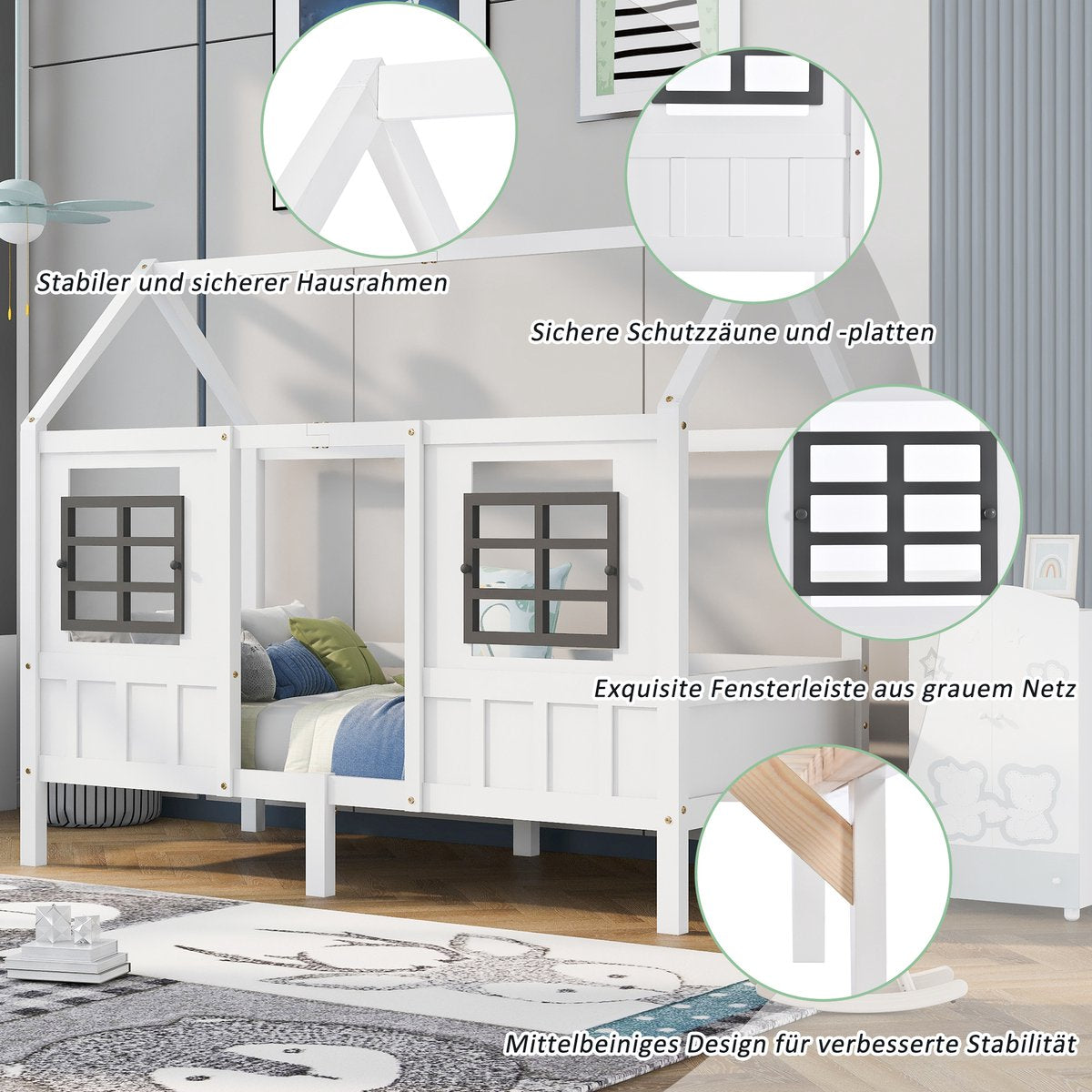 Merax Huisbed - Kinderbed - Peuterbed met Uitvalbeveiliging - Wit afbeelding 8