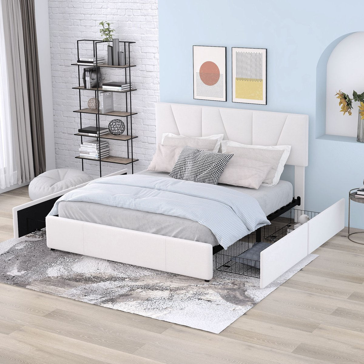 Merax Tweepersoonsbed 140x200 cm - Gestoffeerd Bed met Opbergruimte - Wit afbeelding 3