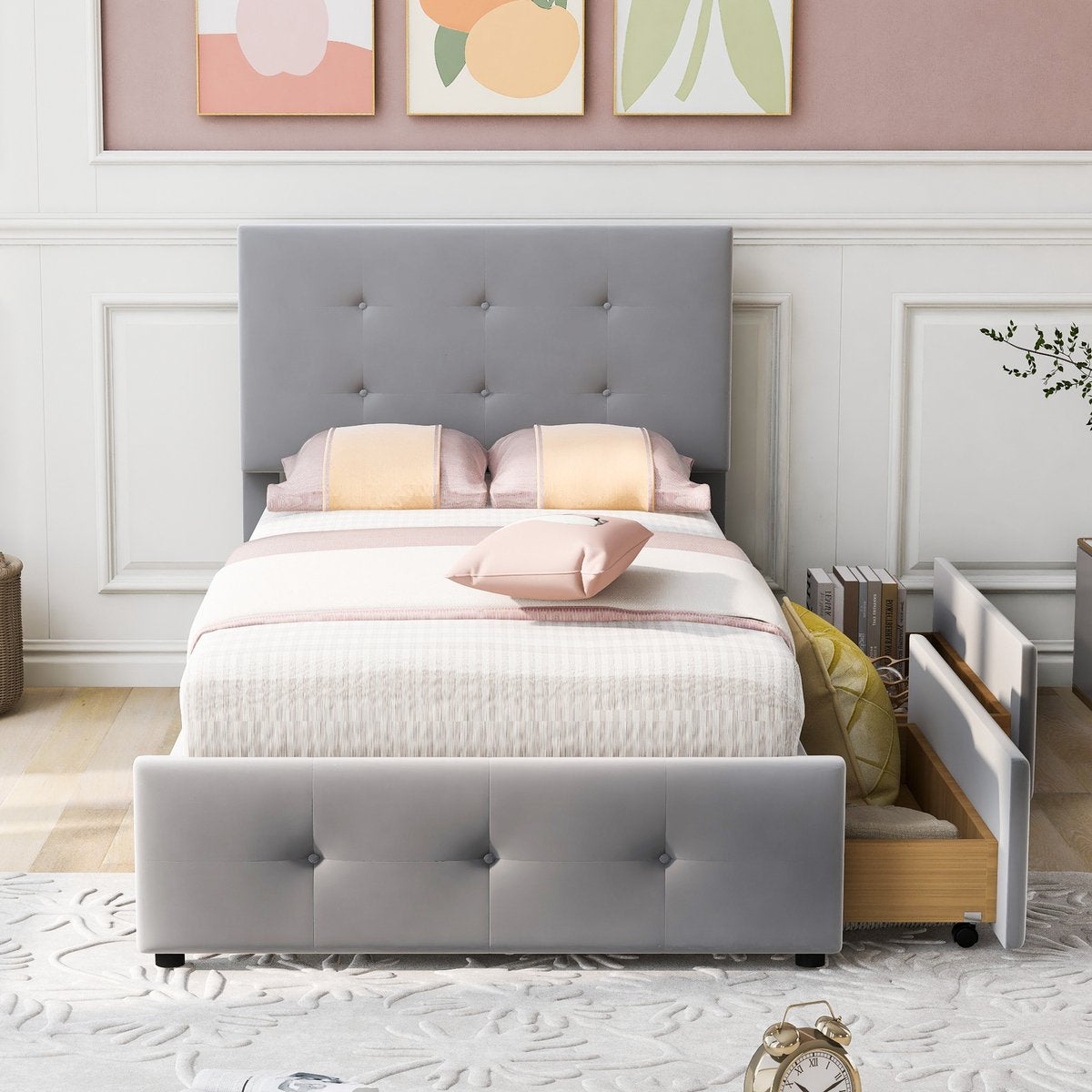 Merax Gestoffeerd Eenpersoonsbed met Lades 90 x 200 CM - Bed met Opbergruimte - Grijs afbeelding 3