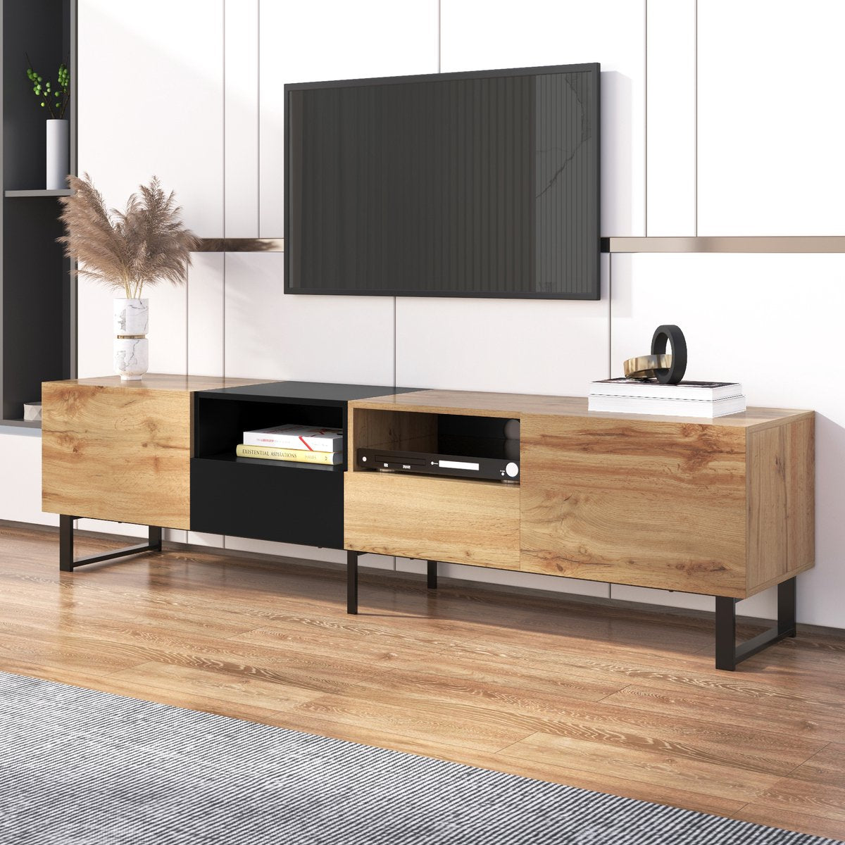 Merax TV-Meubel - Moderne TV Kast met Opbergruimte - Zwart met Bruin afbeelding 3