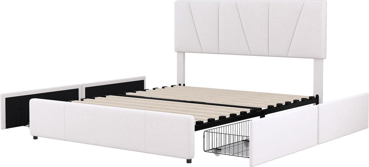 Merax Tweepersoonsbed 140x200 cm - Gestoffeerd Bed met Opbergruimte - Wit afbeelding 10
