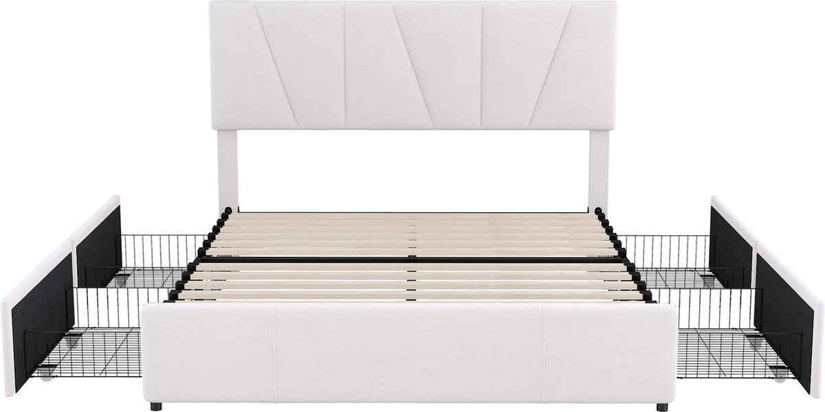 Merax Tweepersoonsbed 140x200 cm - Gestoffeerd Bed met Opbergruimte - Wit