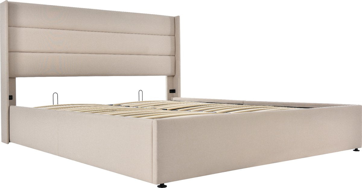 Merax Gestoffeerd Tweepersoonsbed 140 x 200 cm - Hydraulisch bed met lattenbodem - Beige afbeelding 14