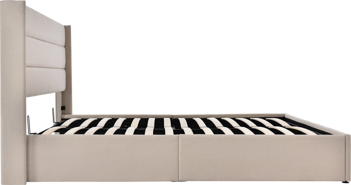 Logidon Gestoffeerd Tweepersoonsbed 140 x 200 cm - Hydraulisch bed met lattenbodem - Beige afbeelding 13