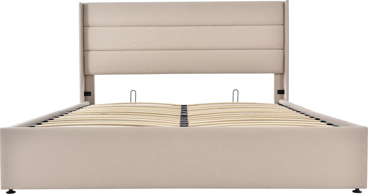 Merax Gestoffeerd Tweepersoonsbed 140 x 200 cm - Hydraulisch bed met lattenbodem - Beige afbeelding 10