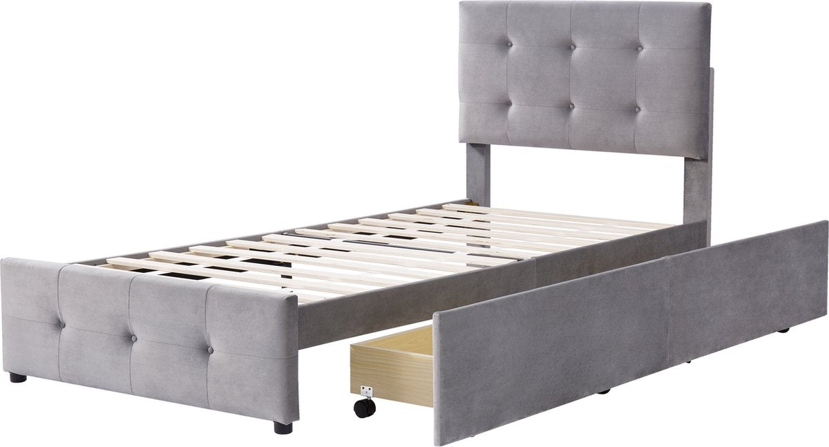 Merax Gestoffeerd Eenpersoonsbed met Lades 90 x 200 CM - Bed met Opbergruimte - Grijs afbeelding 23