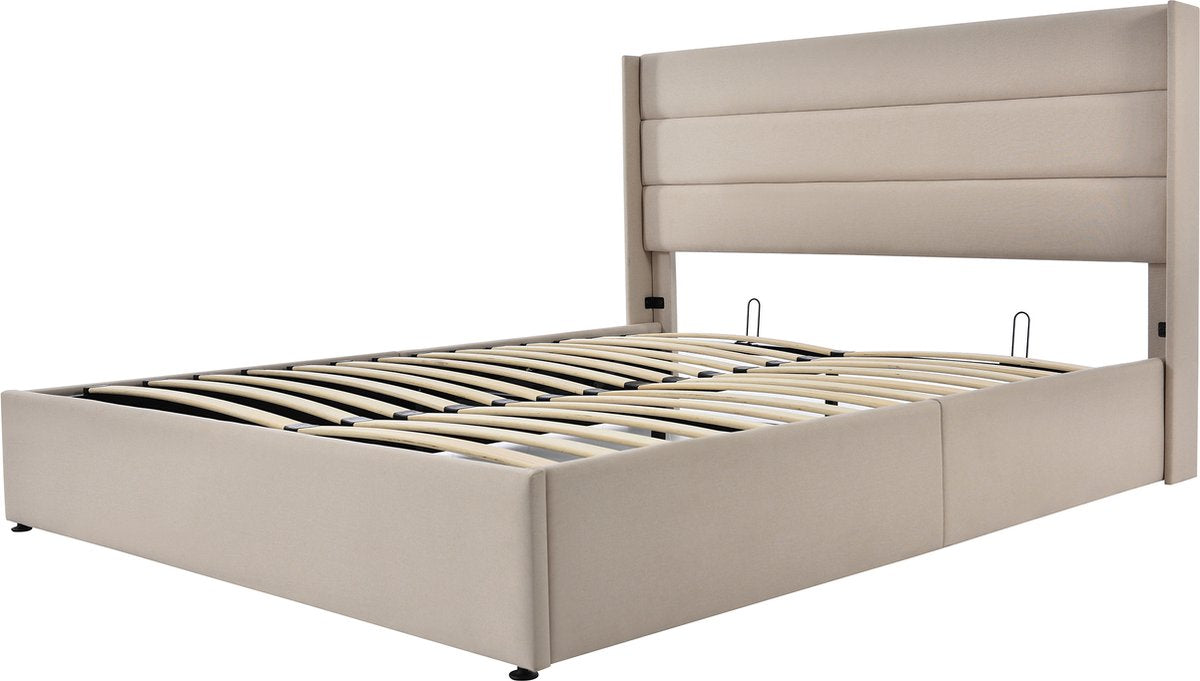 Logidon Gestoffeerd Tweepersoonsbed 140 x 200 cm - Hydraulisch bed met lattenbodem - Beige afbeelding 12