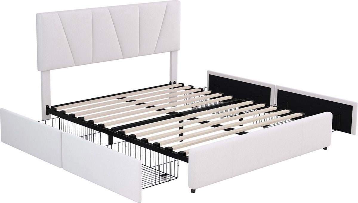 Merax Tweepersoonsbed 140x200 cm - Gestoffeerd Bed met Opbergruimte - Wit afbeelding 8