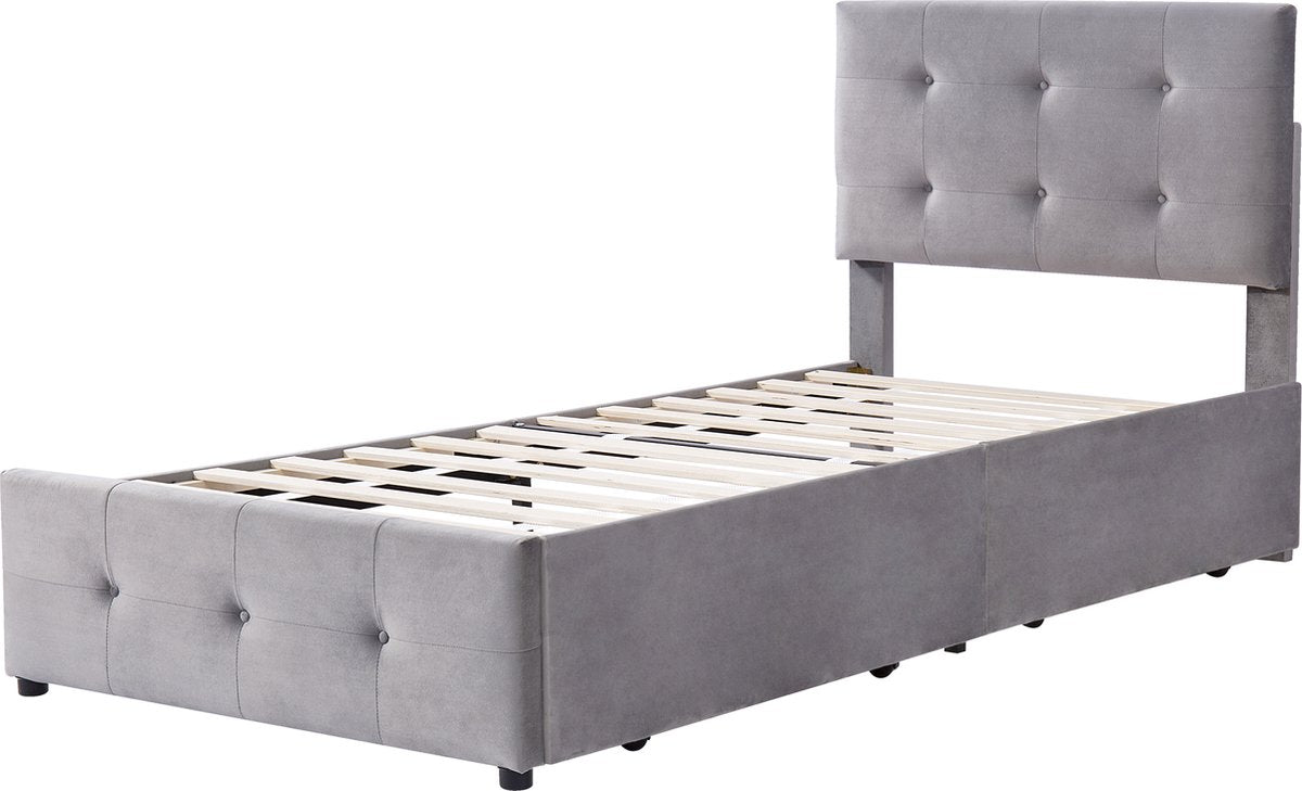 Merax Gestoffeerd Eenpersoonsbed met Lades 90 x 200 CM - Bed met Opbergruimte - Grijs afbeelding 2