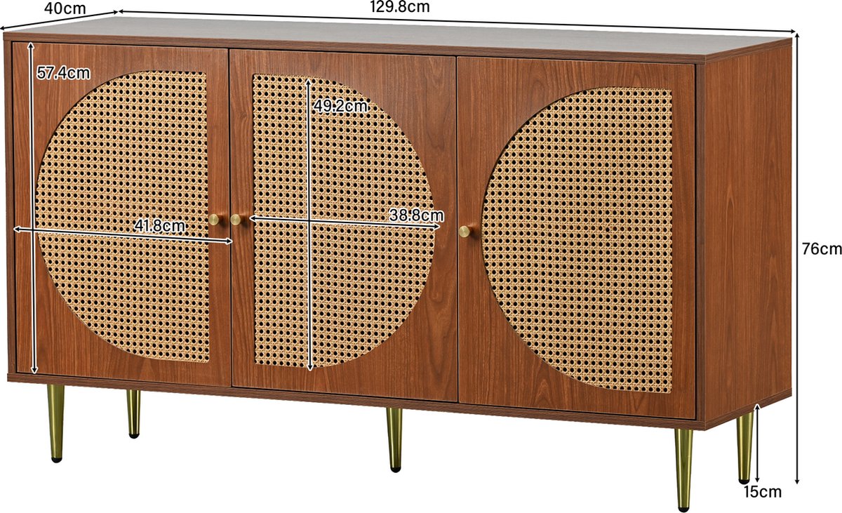 Merax Dressoir Houten Commode Kast - Dressoir met 3 Rotan Deuren - Bruin afbeelding 2
