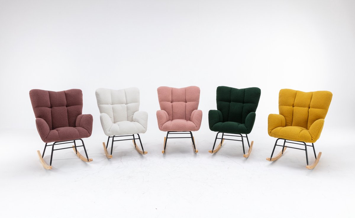 Merax Moderne Schommelstoel - Schommelstoel in Teddy Stof - Mid Century Fauteuil - Wit afbeelding 4