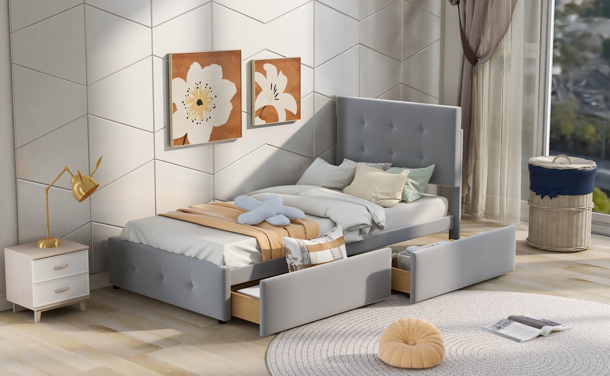 Merax Gestoffeerd Eenpersoonsbed met Lades 90 x 200 CM - Bed met Opbergruimte - Grijs afbeelding 22