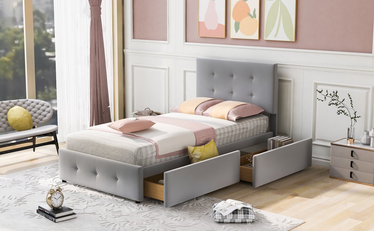 Merax Gestoffeerd Eenpersoonsbed met Lades 90 x 200 CM - Bed met Opbergruimte - Grijs afbeelding 13