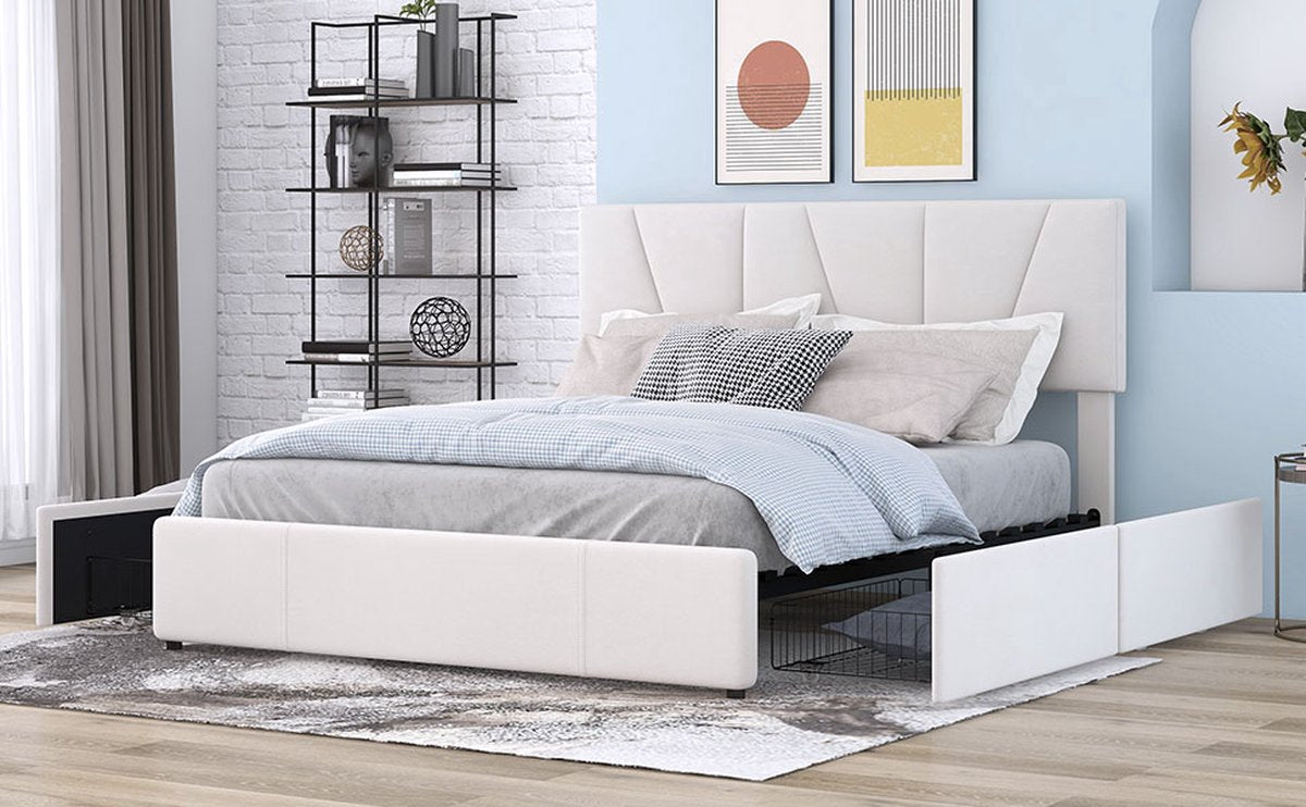 Merax Tweepersoonsbed 140x200 cm - Gestoffeerd Bed met Opbergruimte - Wit afbeelding 12