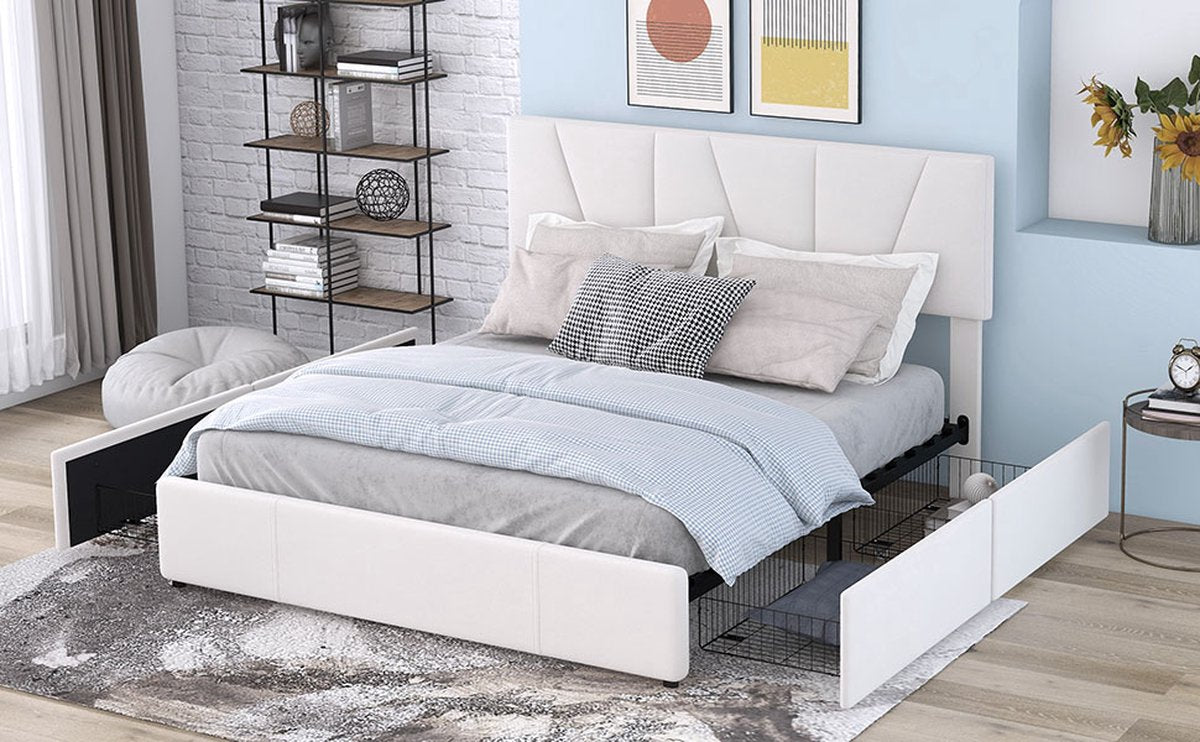 Merax Tweepersoonsbed 140x200 cm - Gestoffeerd Bed met Opbergruimte - Wit afbeelding 13