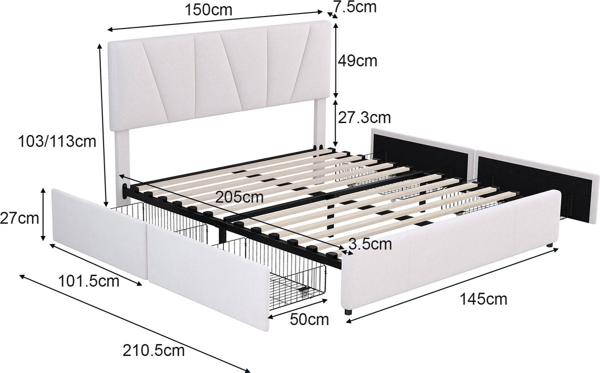 Merax Tweepersoonsbed 140x200 cm - Gestoffeerd Bed met Opbergruimte - Wit afbeelding 2