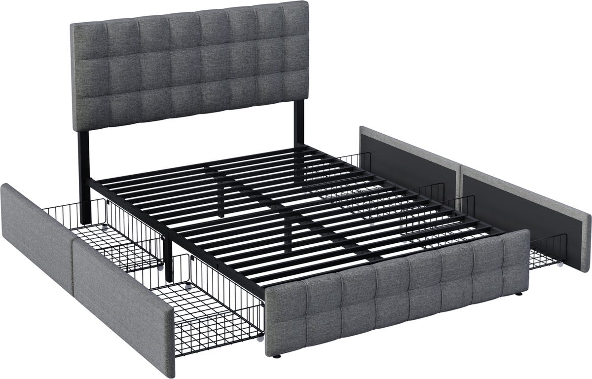 Merax Gestoffeerd Tweepersoonsbed 140 x 200 cm - Inclusief Matras - Hydraulisch Bed met lattenbodem en Matras 'Äì Grijs