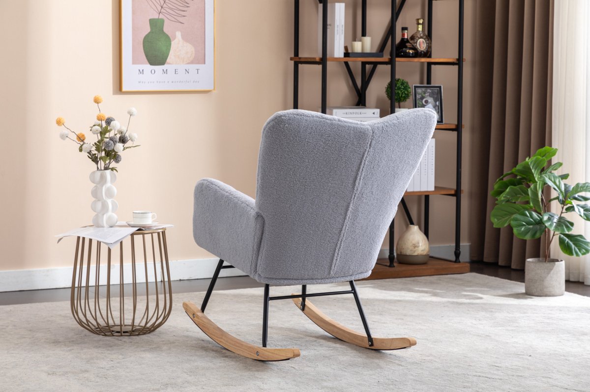 Logidon Moderne Schommelstoel - Schommelstoel in Teddy Stof - Mid Century Fauteuil - Grijs afbeelding 15
