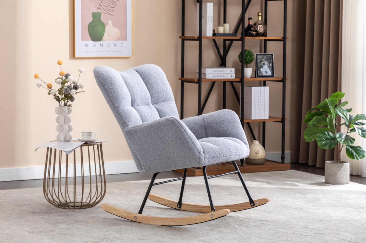 Logidon Moderne Schommelstoel - Schommelstoel in Teddy Stof - Mid Century Fauteuil - Grijs afbeelding 10