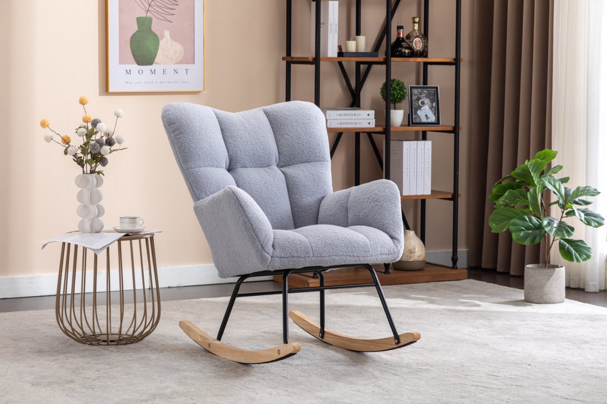 Logidon Moderne Schommelstoel - Schommelstoel in Teddy Stof - Mid Century Fauteuil - Grijs afbeelding 9