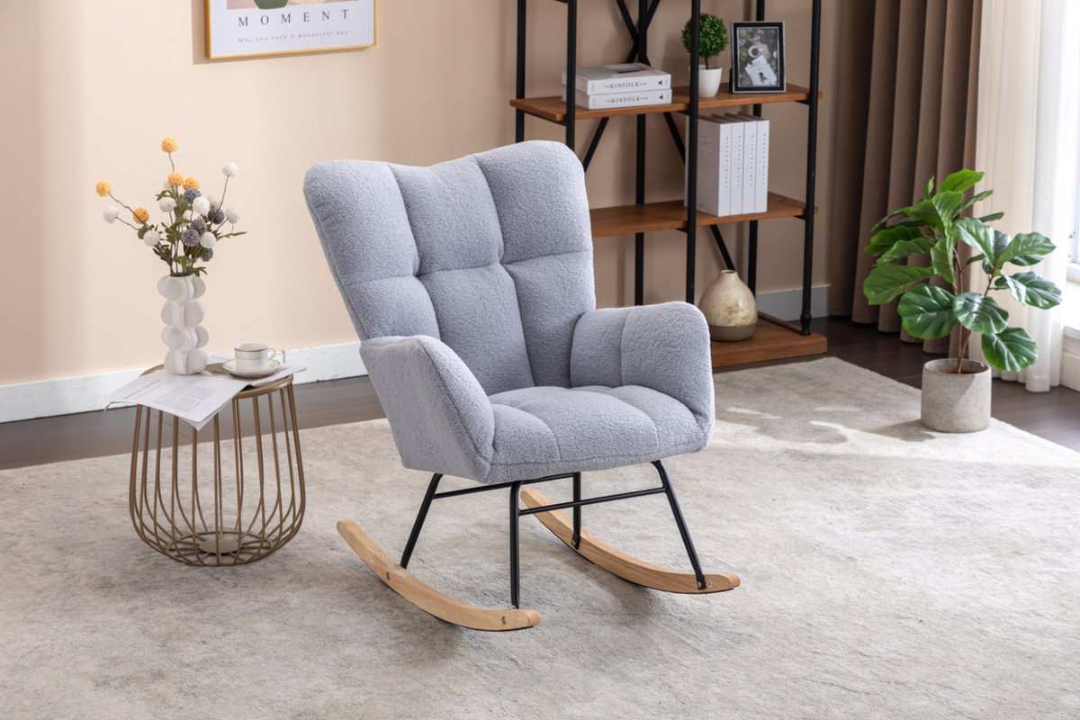 Logidon Moderne Schommelstoel - Schommelstoel in Teddy Stof - Mid Century Fauteuil - Grijs afbeelding 6