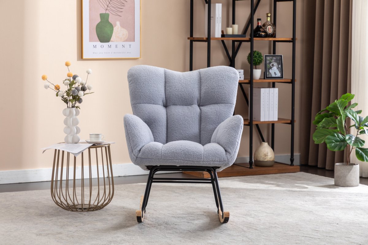Logidon Moderne Schommelstoel - Schommelstoel in Teddy Stof - Mid Century Fauteuil - Grijs afbeelding 8