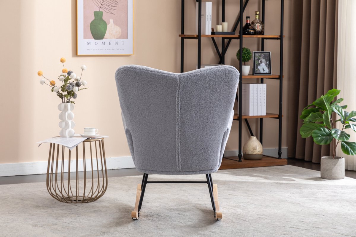Logidon Moderne Schommelstoel - Schommelstoel in Teddy Stof - Mid Century Fauteuil - Grijs afbeelding 14