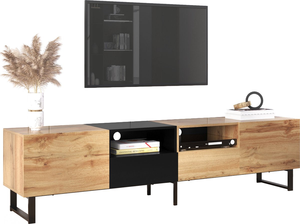 Merax TV-Meubel - Moderne TV Kast met Opbergruimte - Zwart met Bruin afbeelding 21