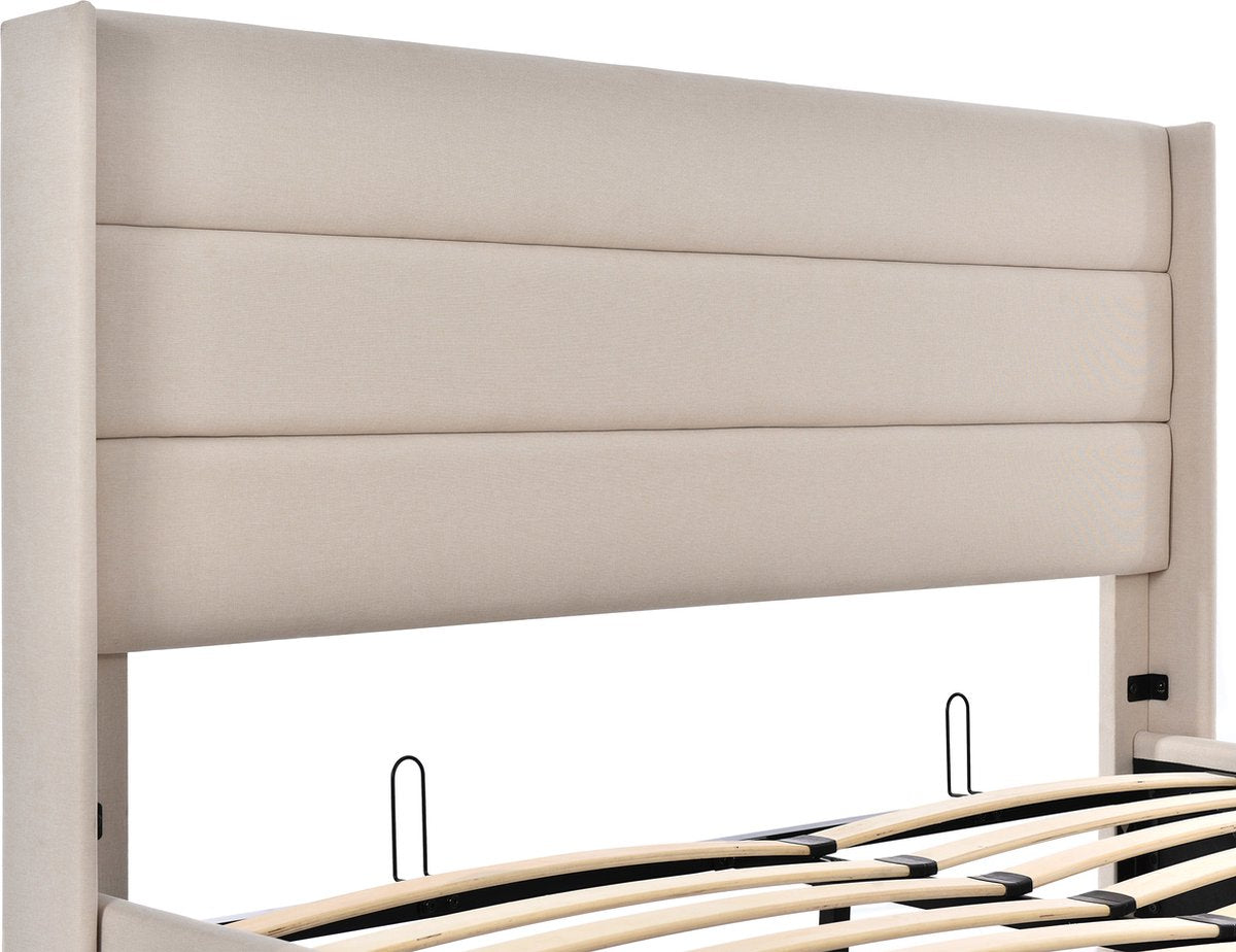 Merax Gestoffeerd Tweepersoonsbed 140 x 200 cm - Hydraulisch bed met lattenbodem - Beige afbeelding 7