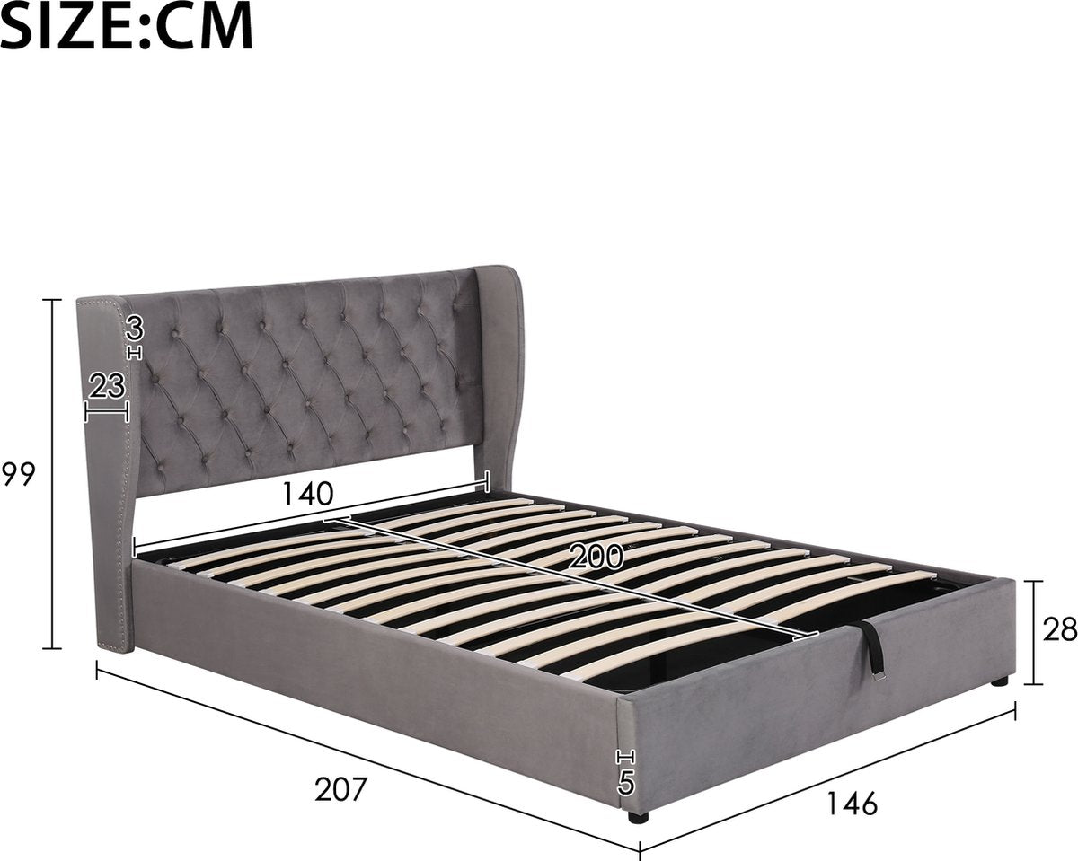 Logidon Tweepersoonsbed 140 x 200 cm - Hydraulisch Gestoffeerd Bed met Opbergruimte - Grijs afbeelding 2