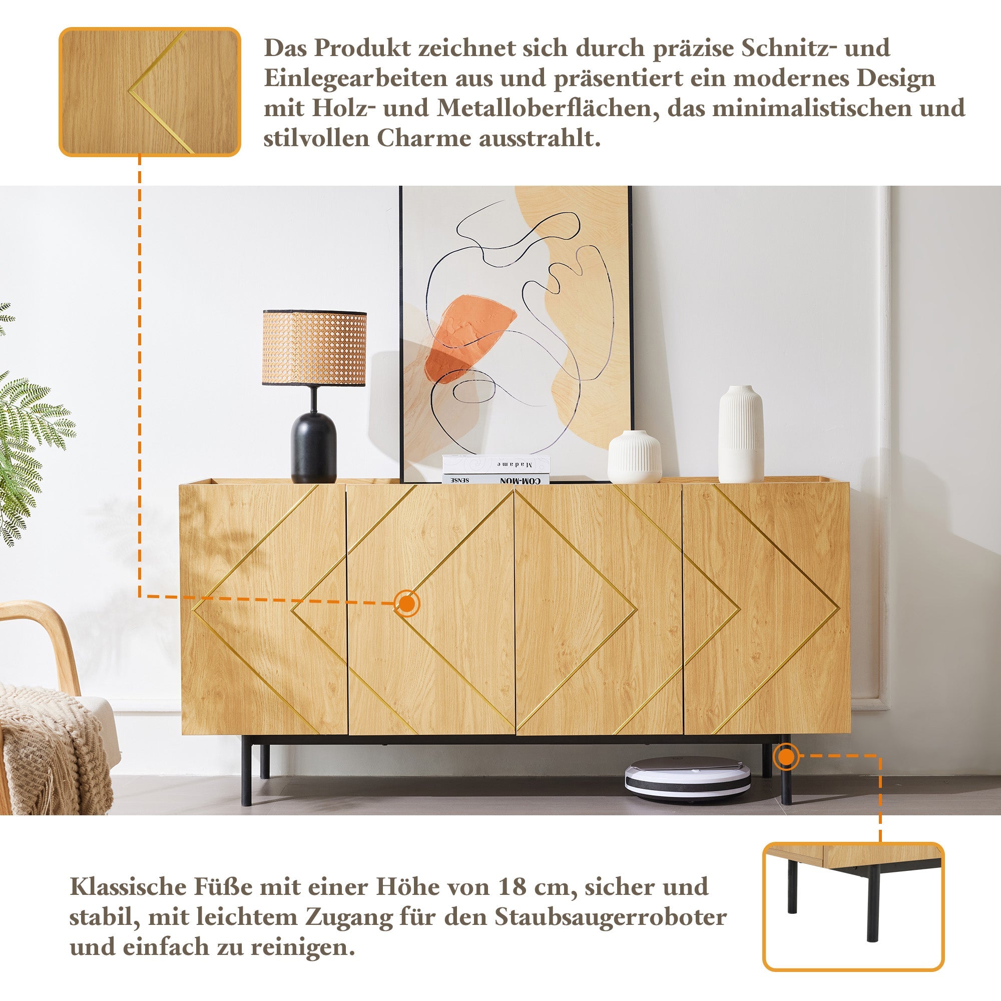 Logidon dressoir naturel hout met metalen inleg en 4 deuren 160 x 40 cm