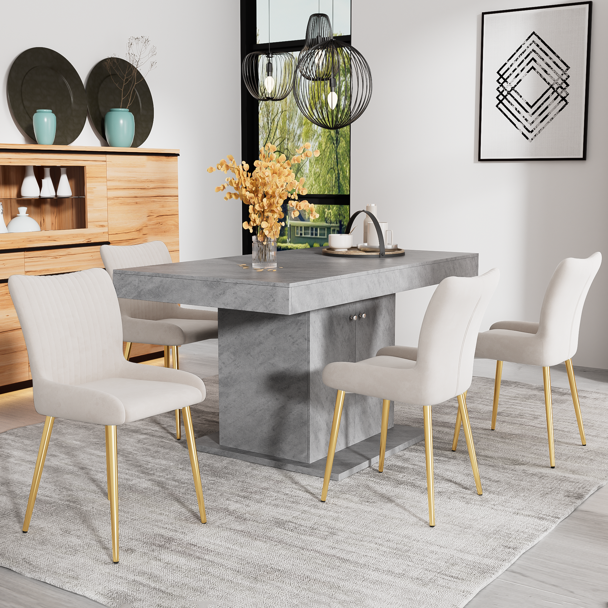 Logidon fluwelen eetkamerstoelen beige, set van 6 met goudkleurige metalen poten
