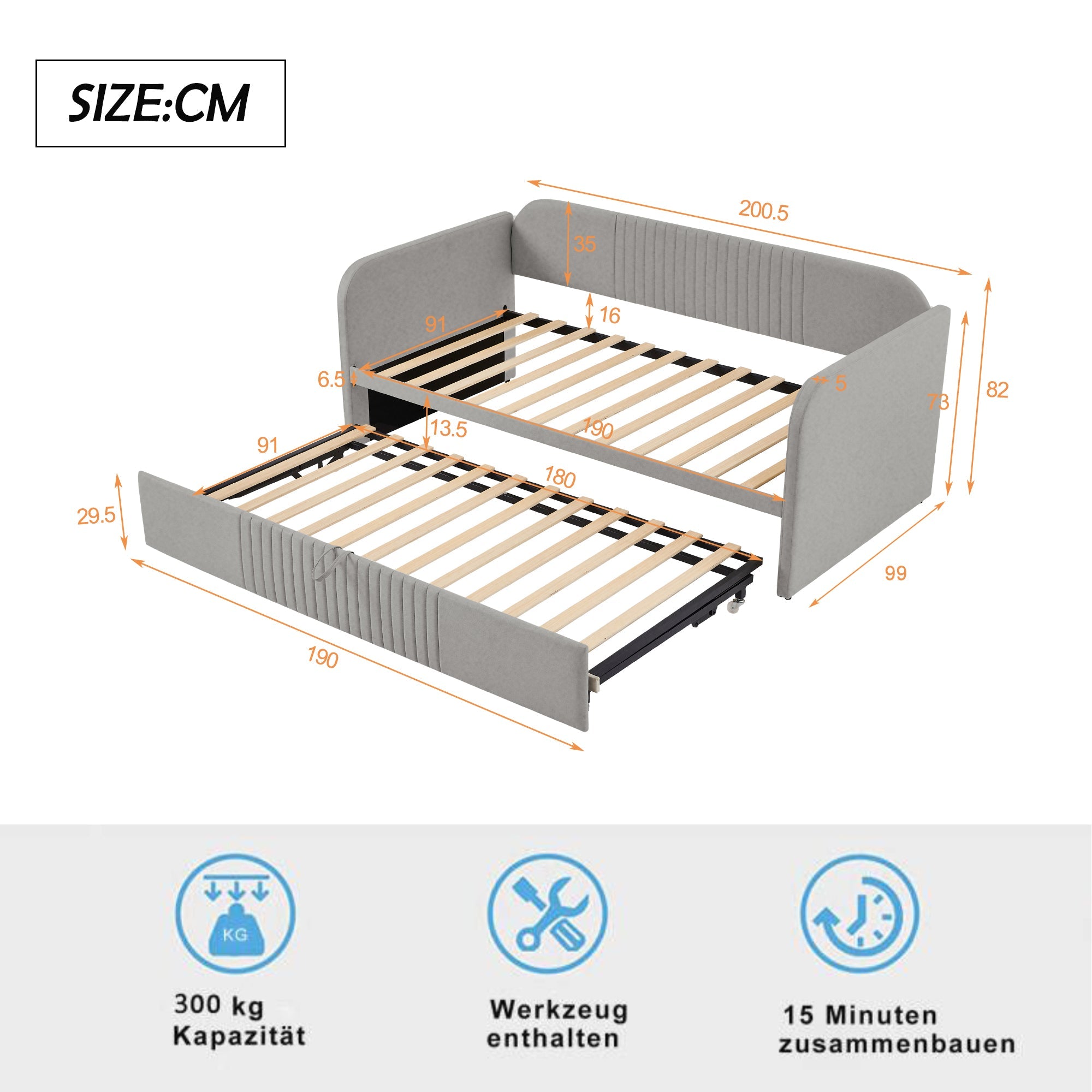 Logidon gestoffeerd bed slaapbank 90/180x190 cm lichtgrijs