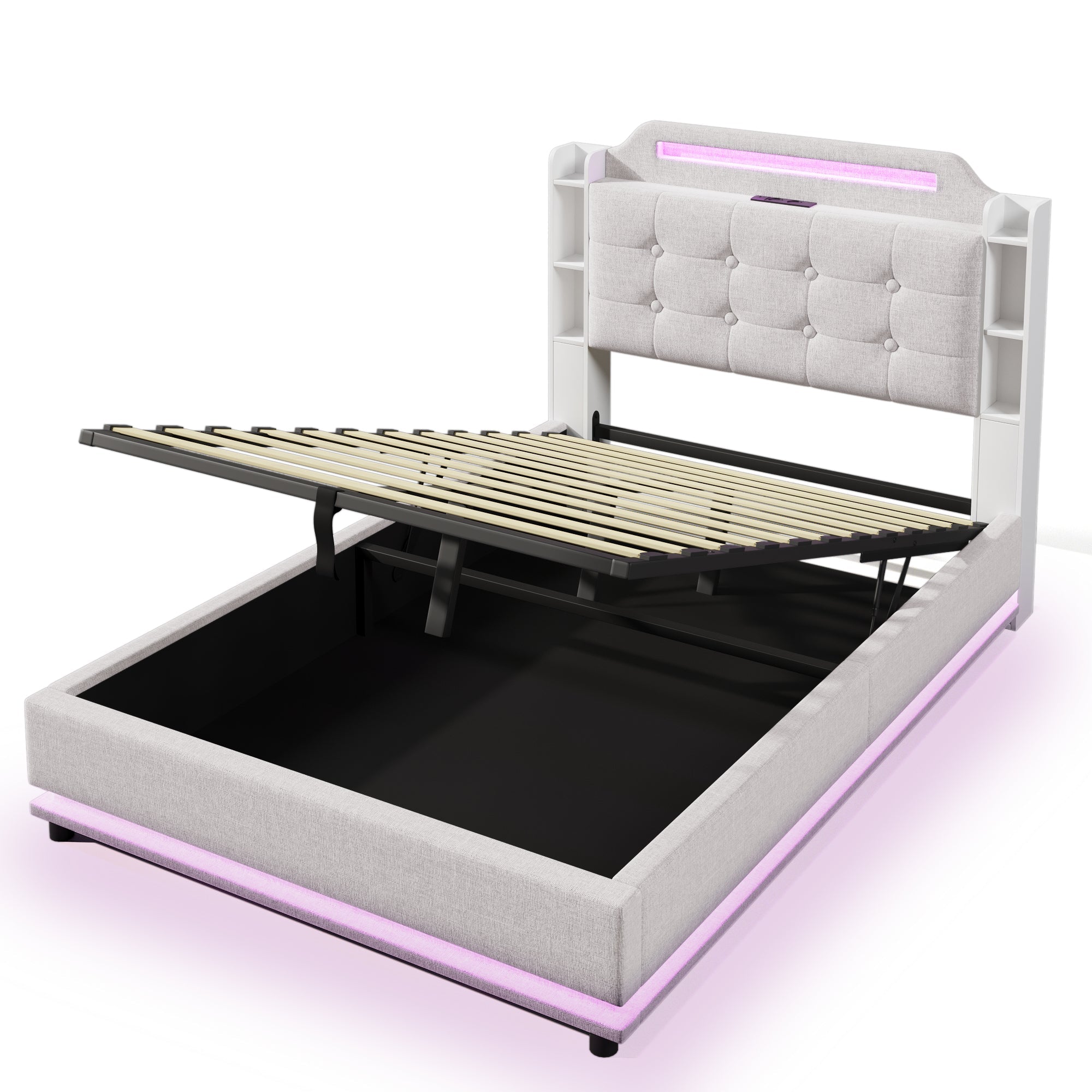 Logidon gestoffeerd bed 140x200 beige met LED lichtstrip en opbergruimte