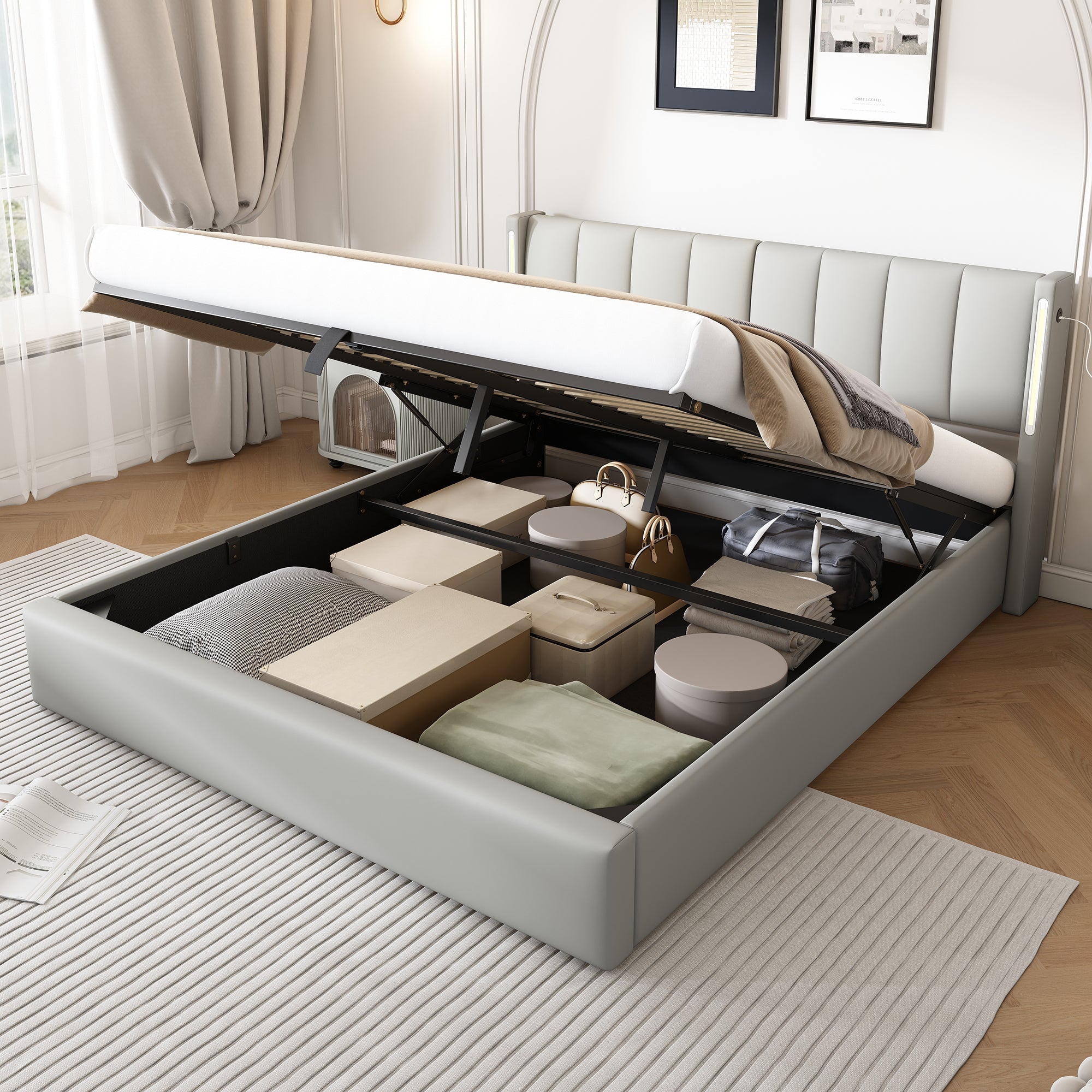 Logidon Binaural LED Upholstered Bed 160x200 Gray With Storage Space