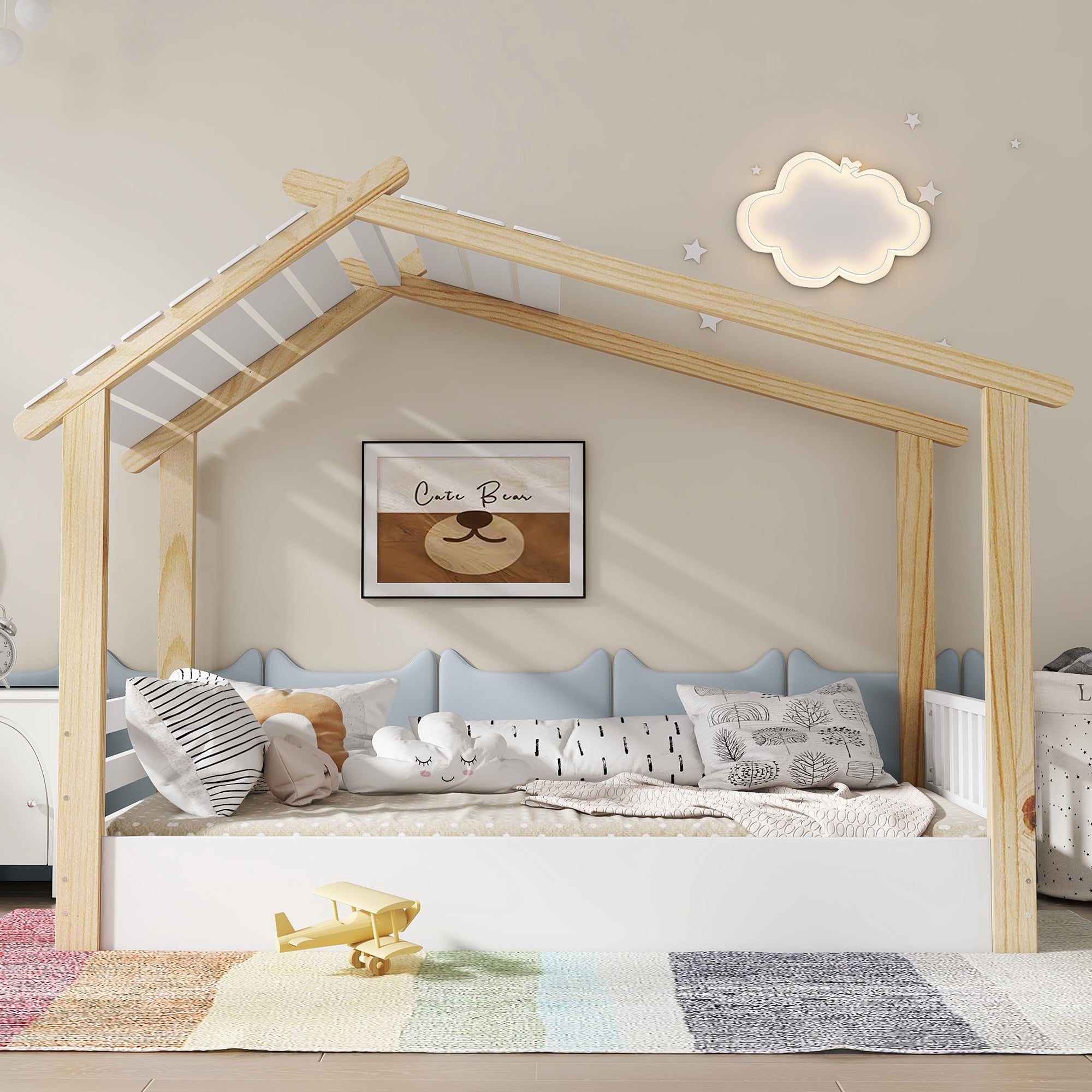 Logidon children's bed 90x200 cm white natural - wooden house design slatted frame