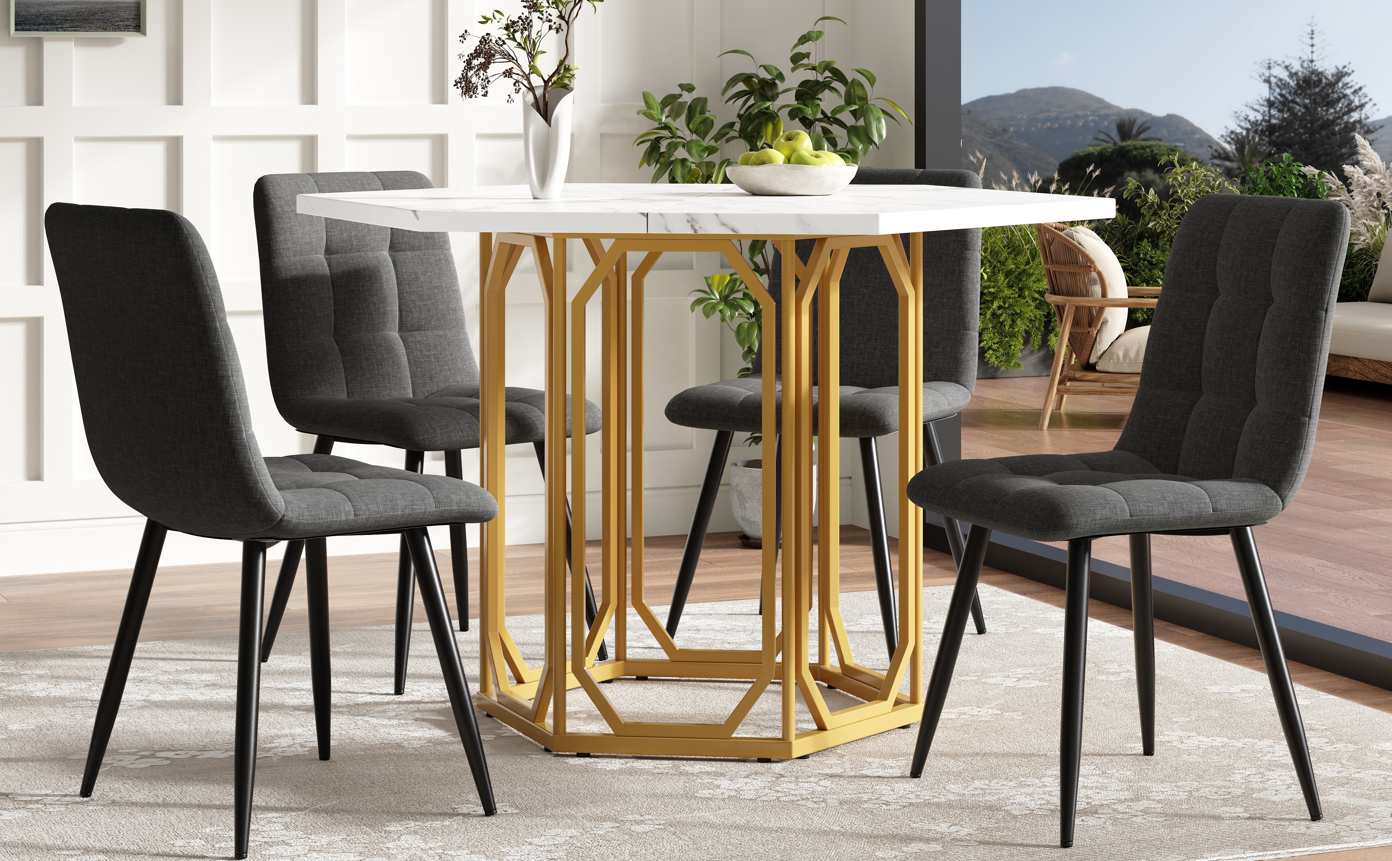 Logidon Zeshoekige Marmeren Tafel Goud MDF Keukentafel 110x95 cm