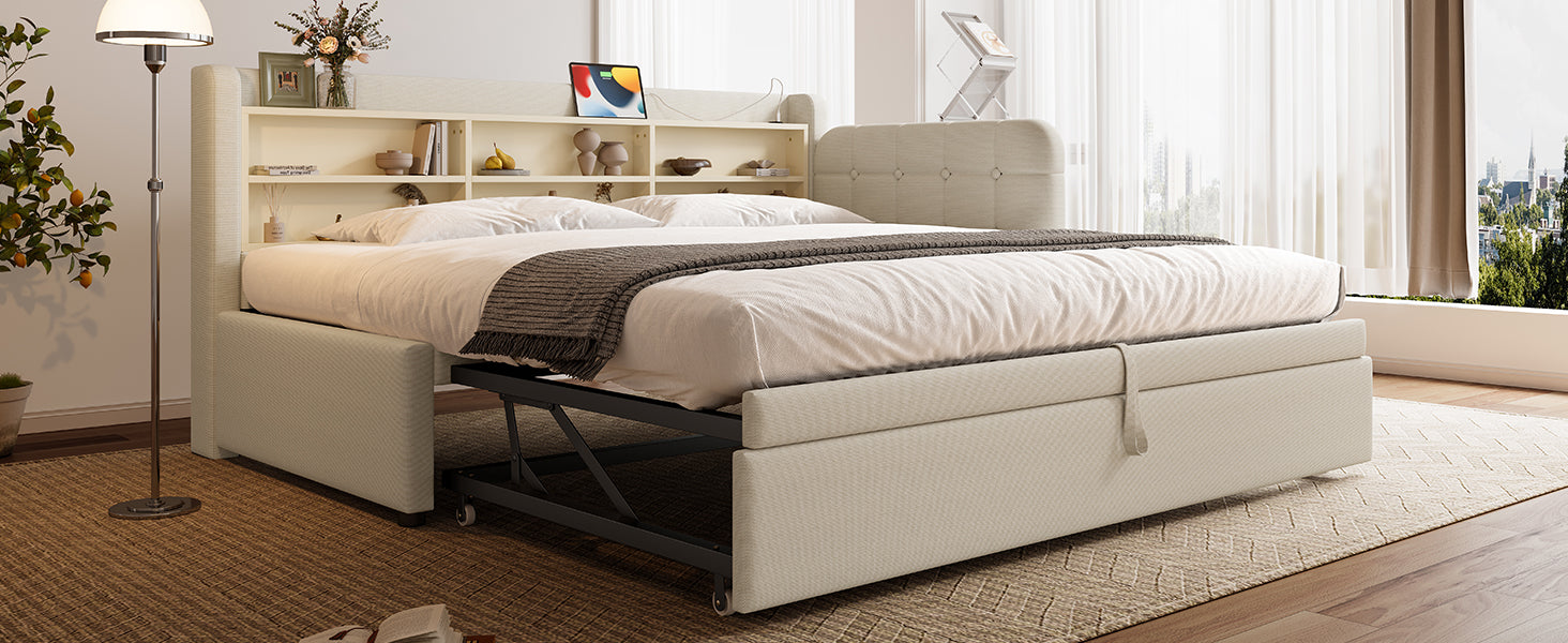 Logidon Daybed 90x200 beige linnen uitschuifbare slaapbank USB Type C