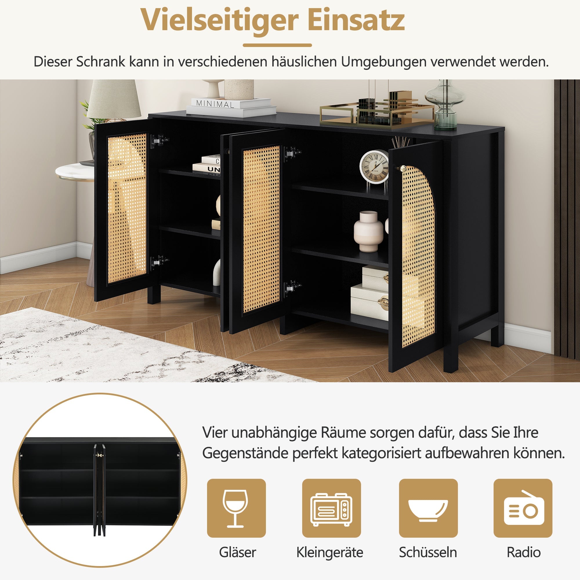 Logidon Dressoir Zwart Met Rotan Deuren Modern Buffet 145x40x80