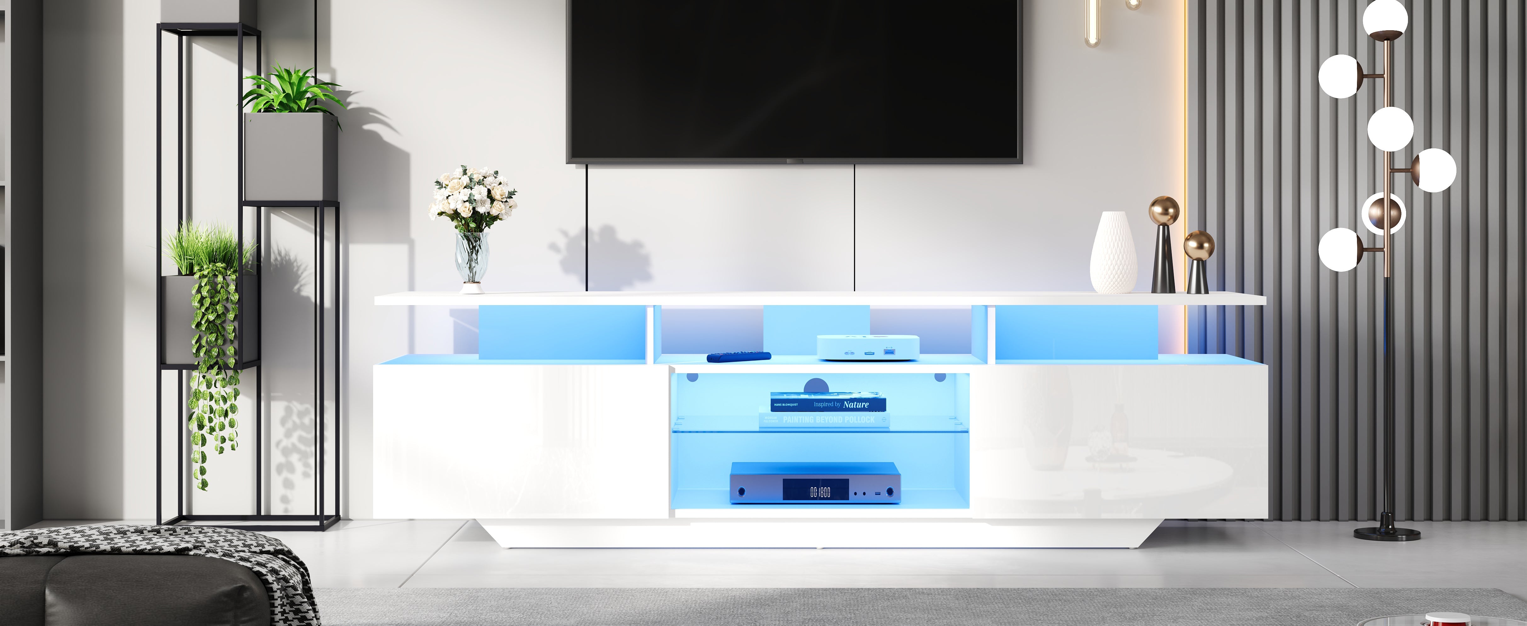Logidon TV-meubel hoogglans wit 160 x 40 x 45 cm met LED lichtstrip glasplanken