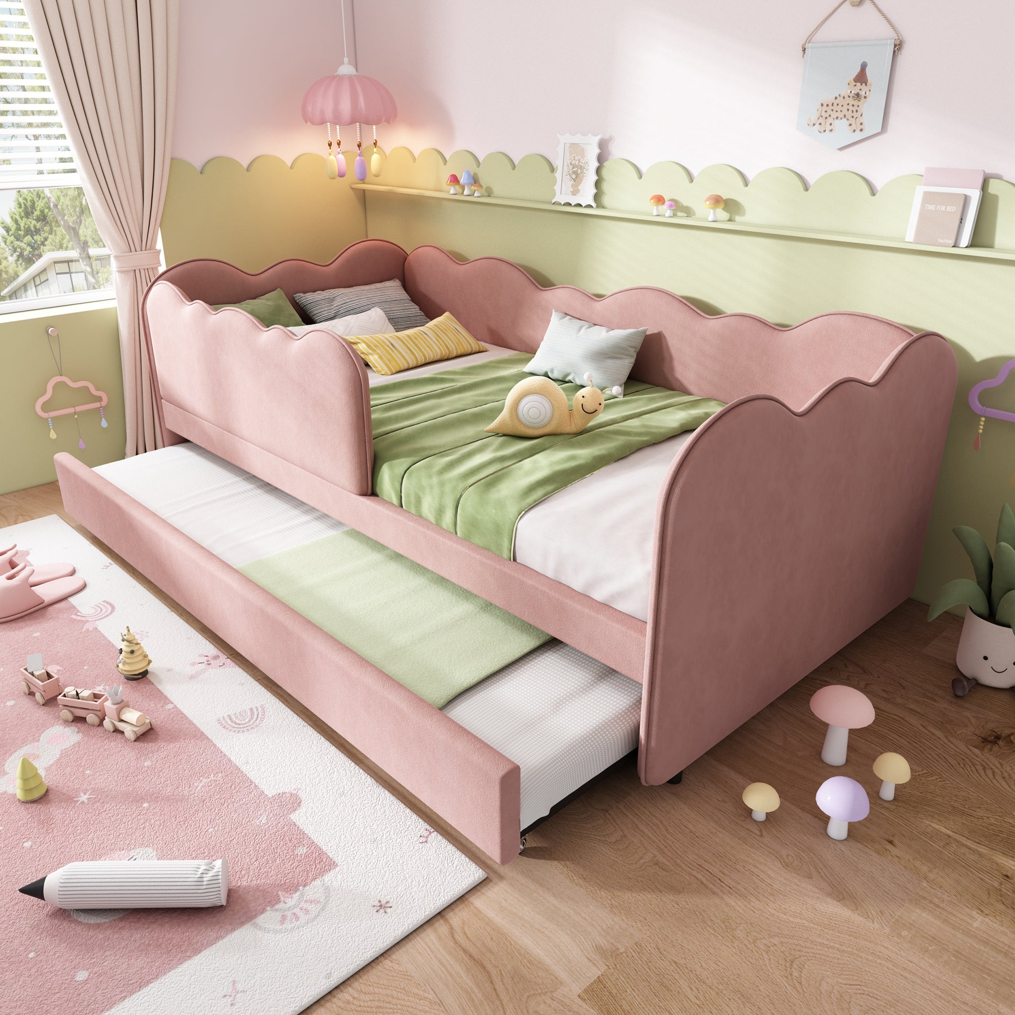 Logidon gestoffeerd dagbed 90x190 roze met uitschuifbaar bed
