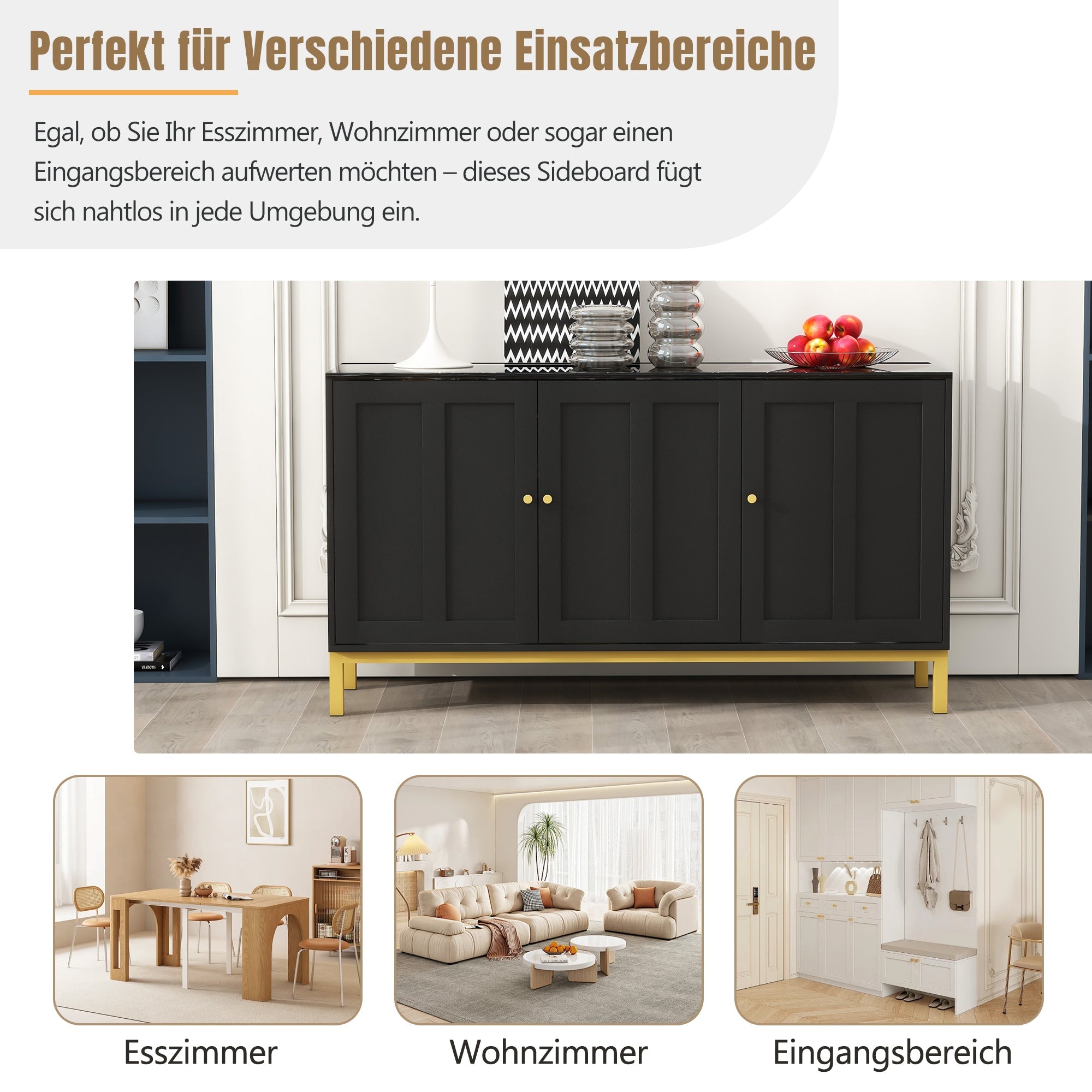 Logidon dressoir 3 deuren zwart MDF met marmerlook 140x40x78