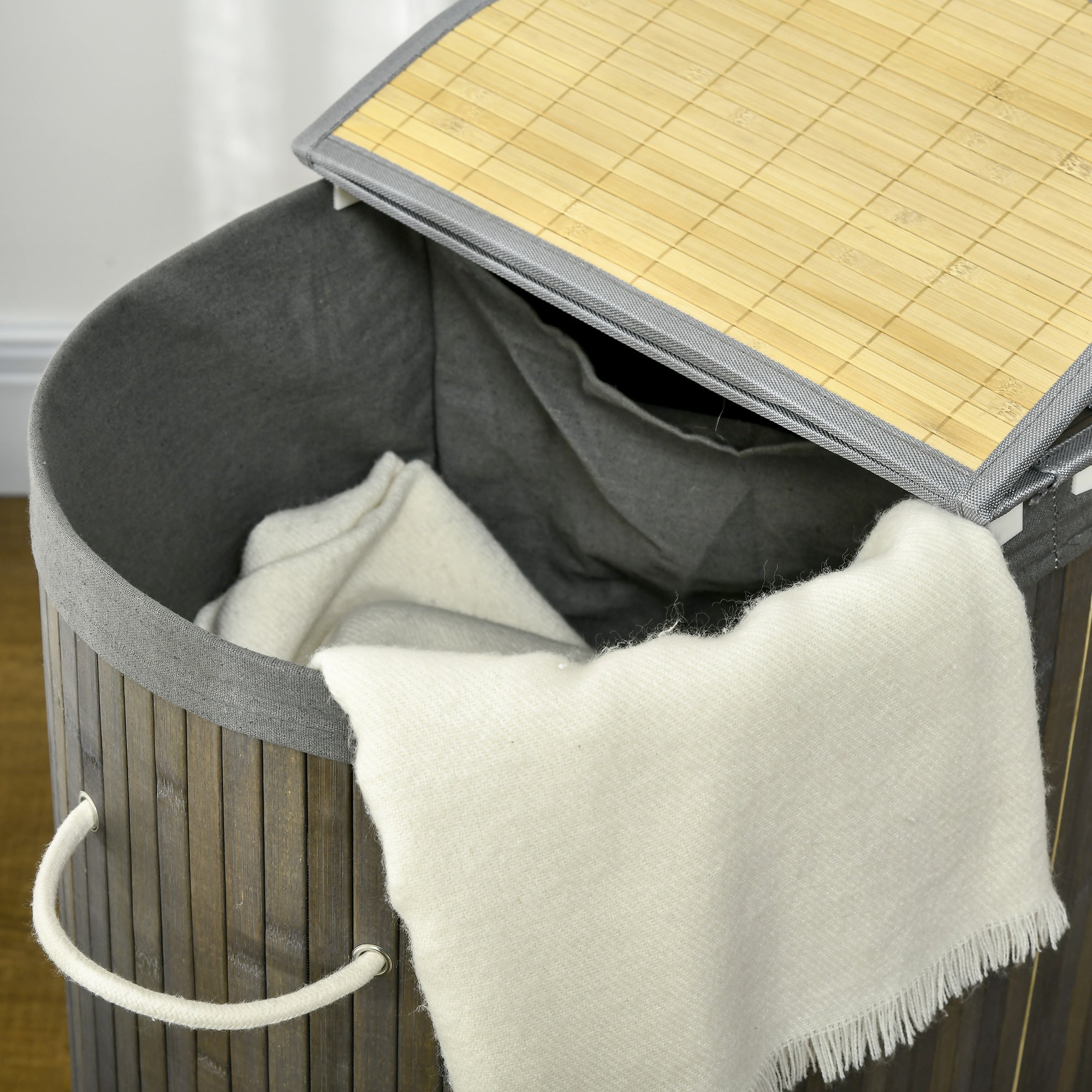 Logidon Bamboe Wasmand 100L Met Deksel 2 Afneembare Zakken Grijs
