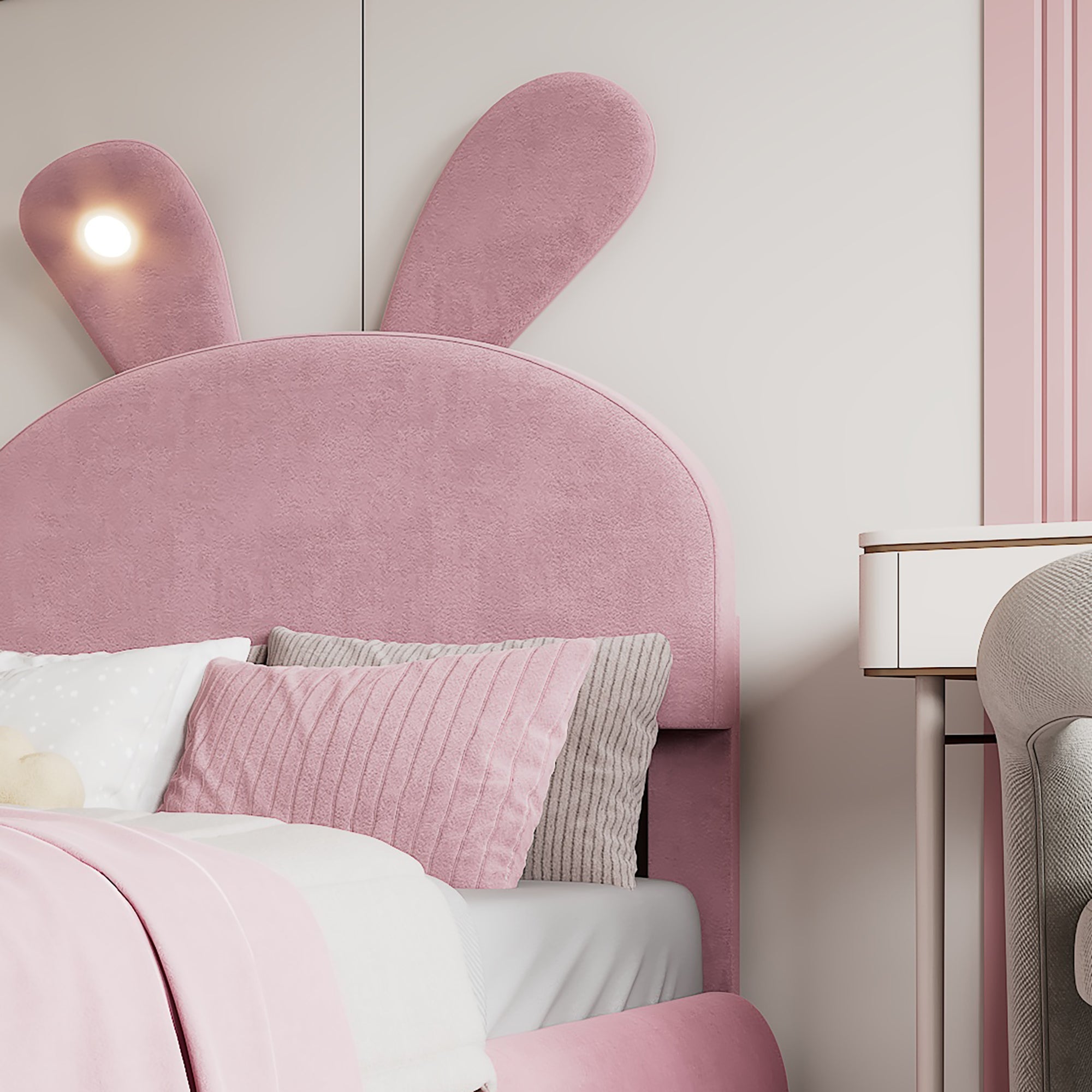Logidon Upholstered Bed Rabbit Ears Pink 90x200 cm With Adjustable Brightness
