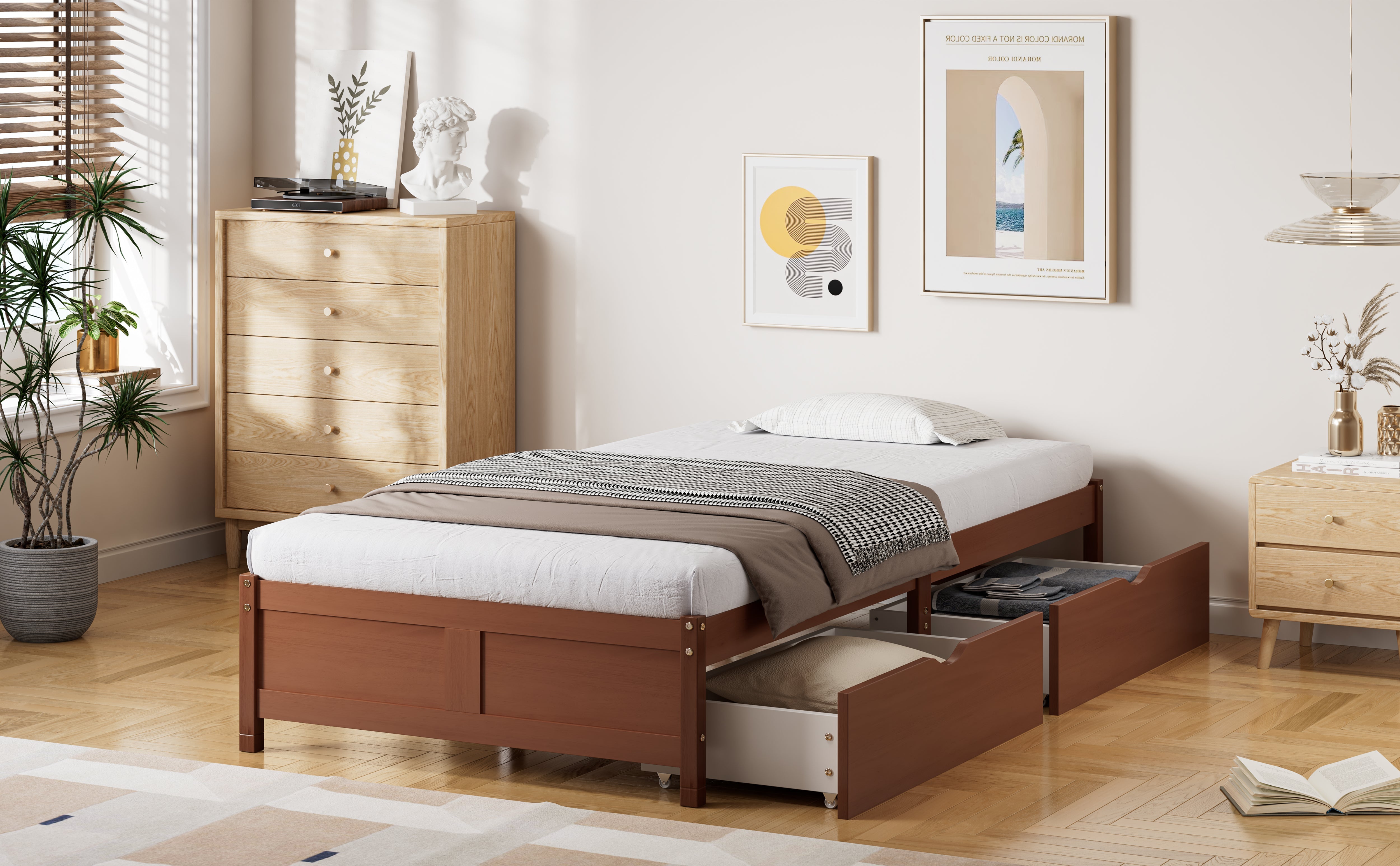Logidon kinderbed 90x200 roodbruin houten bed met 2 lades en wielen