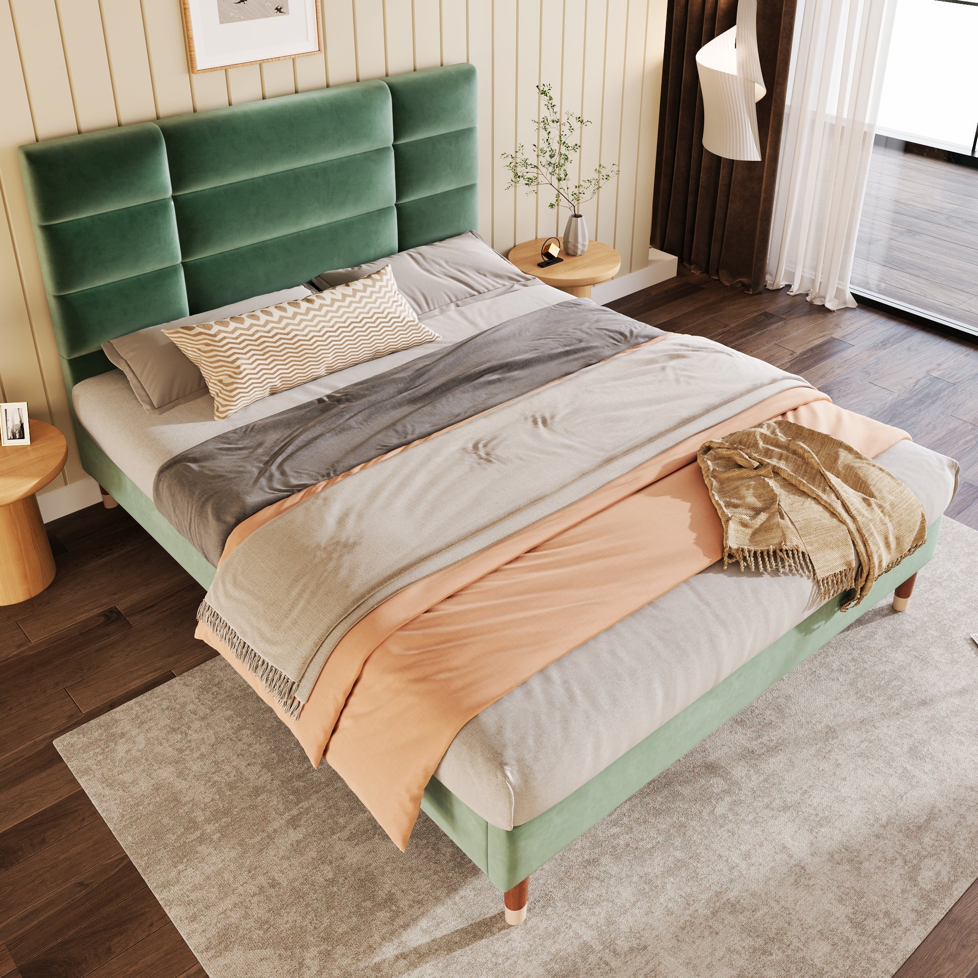 Logidon gestoffeerd bed tweepersoonsbed 140x200 donkergroen fluwelen lattenbodem