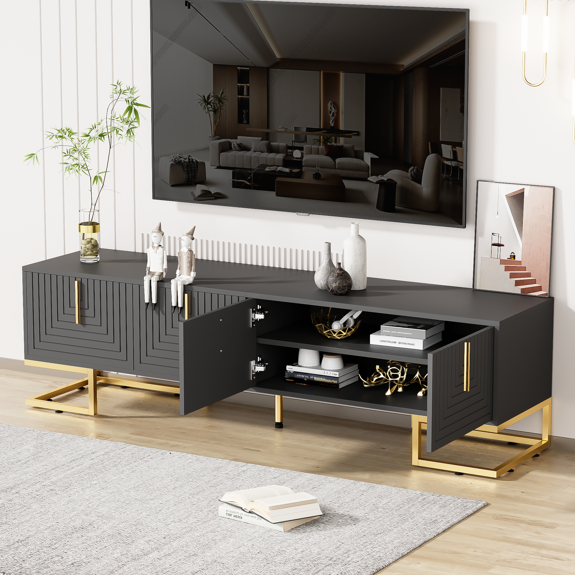 Logidon TV-meubel 170 cm Grijs Zwart met Gouden Accenten en Lades