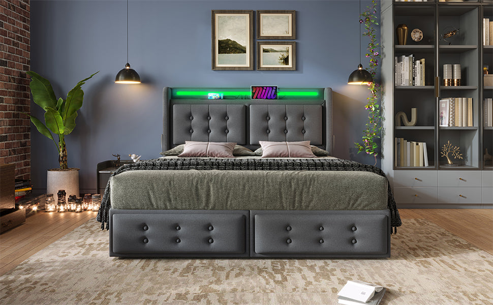 Logidon gestoffeerd bed 180x200 grijs met LED hoofdeinde USB-C 4 lades