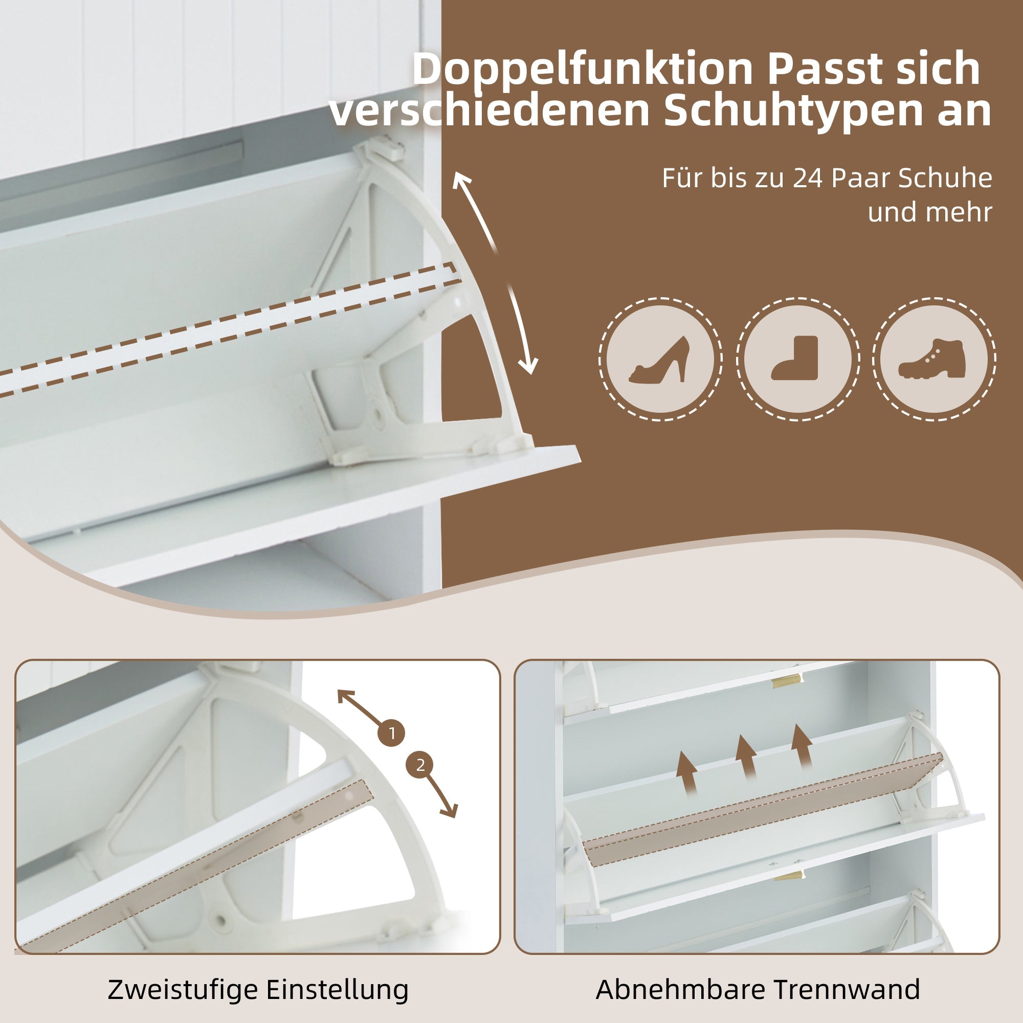 Logidon schoenenkast wit 3 kleppen, 6 vakken, 80x23x123 cm