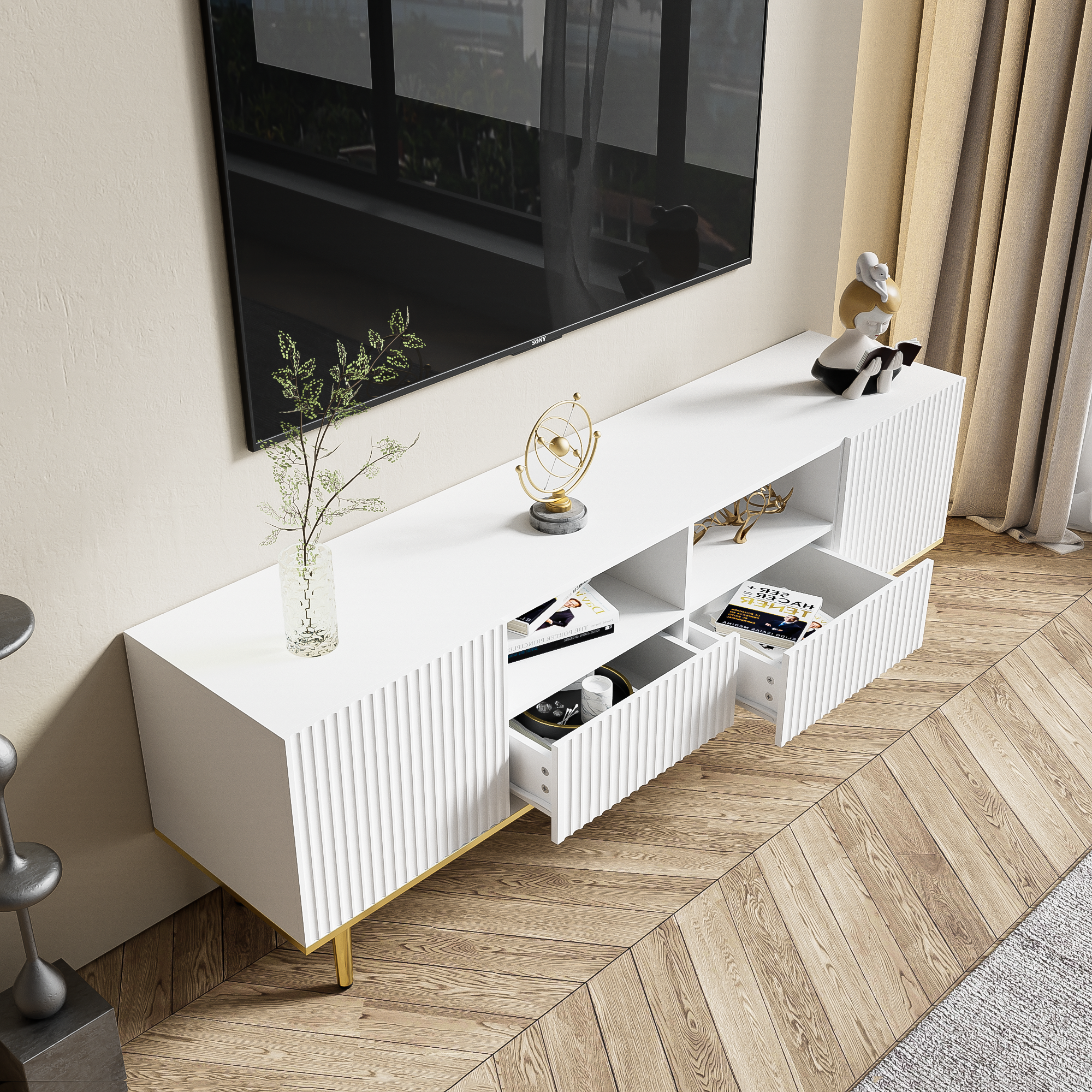 Logidon Modern tv-meubel wit met gouden poten en gouden bies